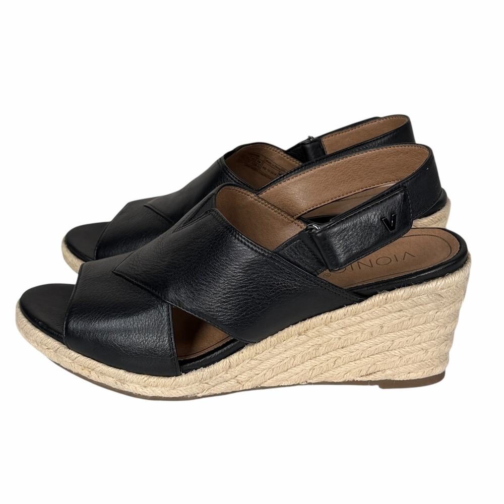 Vionic Zamar Espadrille Wedge Sandals Womens 9.5 Comfort Slingback Leather Black